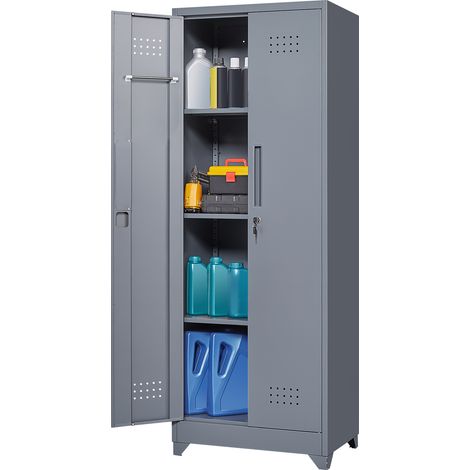 Armoire de rangement pour balais avec portes verrouillables et étagères, armoire de rangement en métal de 65" H avec barre de suspension et crochets en S, armoire de rangement pour outils de nettoyage