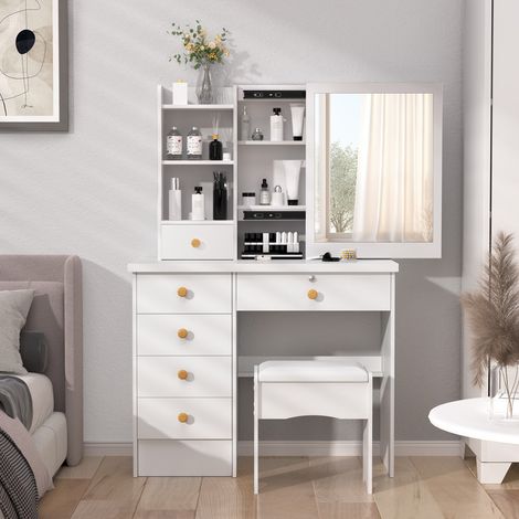 FIANAO – Coiffeuse de chambre avec miroir coulissant – 6 tiroirs, étagères ouvertes, rangement caché – blanc (1/5)