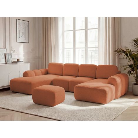 BOBOCHIC - Canapé panoramique convertible coffre MONTAIGNE tissu bouclette avec pouf Angle droit Orange
