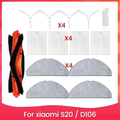 Zubehörset für den Xiaomi S20/D106 Saugroboter: Hauptwalze, Seitenbürste, Filter und Reinigungstuch.