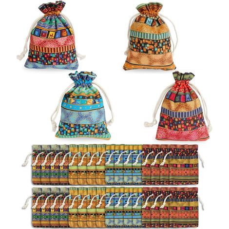 32 Pièces Pochon Tissu Réutilisable, Emballage Cadeau Tissu, Sac en Toile de Jute de Style Ethnique, Sacs en Toile de Jute avec Cordon, pour Mariage, Fête, Anniversaire, Noël (10 14 cm) (1/5)