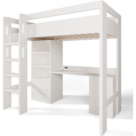 Lit mezzanine 90x200 avec bureau, armoire et rangements, blanc, avec USB-C (1/5)