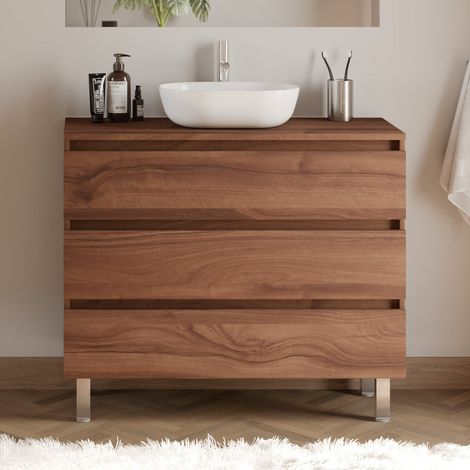 Meuble de salle de bain 100cm avec plateau et vasque à poser arrondie - 3 tiroirs - sans miroir - noyer (bois foncé) - MAYOR