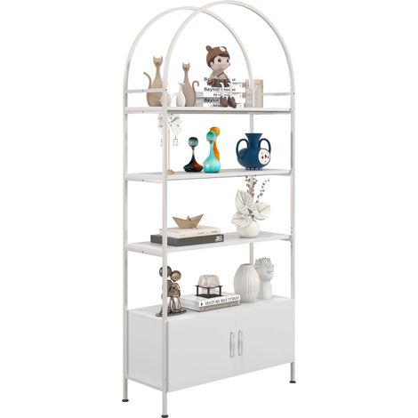 Aufbewahrungsregal, 4-stöckiges, bogenförmiges Bücherregal mit Doppeltürschrank, 80 x 30 x 187 cm, weiß
