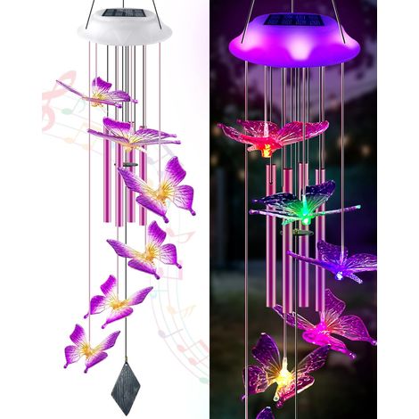 Campana de viento con forma de mariposa, alimentada por energía solar, con iluminación superior LED que cambia de color, con 4 tubos de hierro, campana de viento decorativa portátil para exteriores, a (1/4)