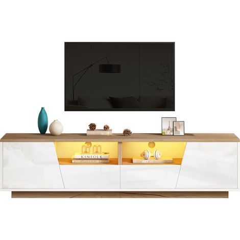 Meuble TV 180 x 40 x 46 cm avec 2 tiroirs et 2 placards, avec LED, lowboard laqué brillant, adapté aux téléviseurs jusqu’à 75 pouces, blanc et bois (1/5)