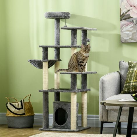 Torre para Gatos Grande de 144 cm con Postes para Rascar Cama Cueva Plataformas y Bolas Colgantes 49x49x144 cm Gris (1/5)