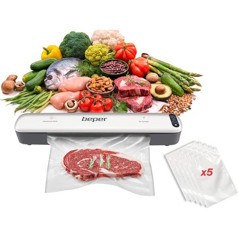 BEPER P102CON001 Macchina sottovuoto,Sigillatore Sottovuoto con 5 Sacchetti Sottovuoto, ABS, Duplice Funzionamento, Nastro Sigillante da 30 cm, Bianco/Grigio (1/5)