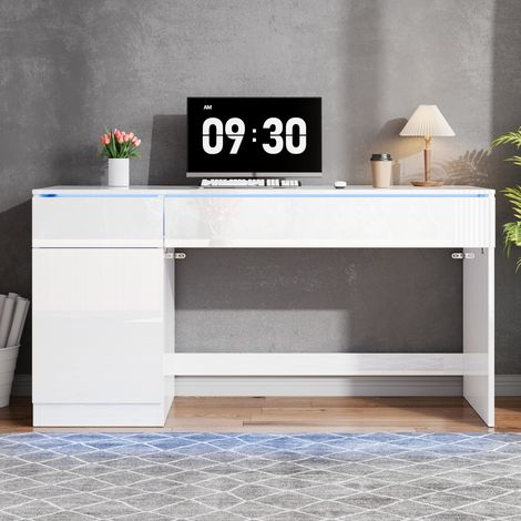 Bureau brillant 120 x 50 cm avec éclairage LED, 2 tiroirs et 1 porte, grand bureau d’ordinateur et coiffeuse, espace de travail moderne pour télétravail et chambre. (1/5)