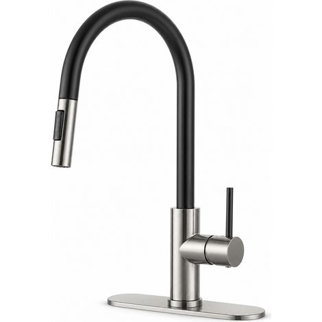 Brushed Stainless Steel Black Kitchen Mixer Tap with Pull-Out Spray 58 cm (1/5)