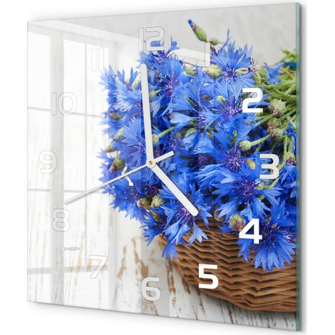 Horloge Murale Carrée Originale en Verre Silencieuse Design Moderne Salon Bleuets dans un panier 30x30 cm (1/5)