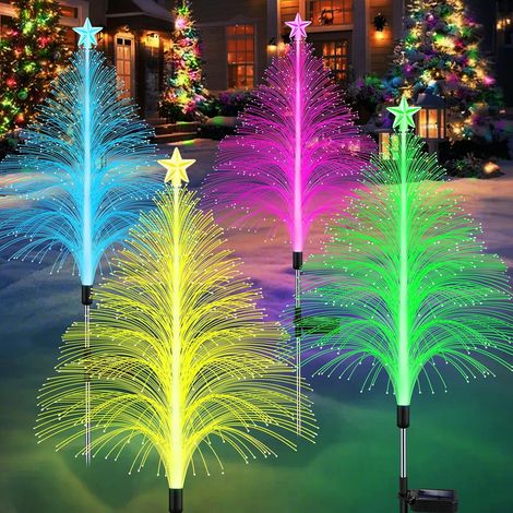 Lot de 4 décorations de Noël solaires – Guirlandes lumineuses méduses 7 couleurs de 98 cm (38,5 pouces) avec 5 couches de fibres optiques en forme de fleur pour jardin/cour extérieure (1/5)
