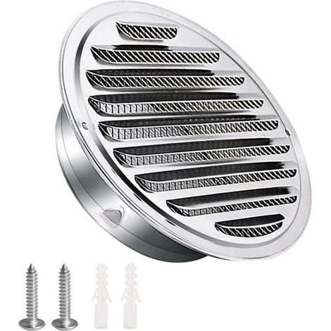 Grille d'aération en acier inoxydable 100mm avec vis et chevilles Protection contre les intempéries Lamelles avec moustiquaire et boucle Grille d'évacuation d'air ronde Visser et bride Grille (1/4)
