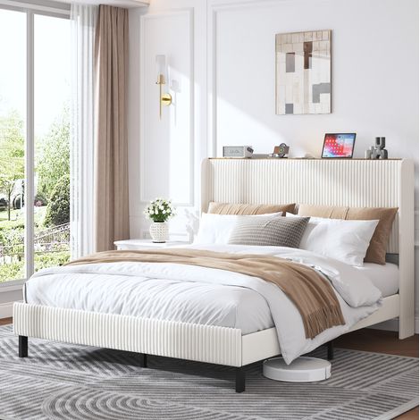 Cadre de lit plateforme rembourré 160x200 cm en corduroy beige et crème, REDOM (1/5)