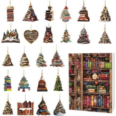 Calendriers de l'Avent décoratifs avec livres de Noël Pendentif étagère 2D en forme de sapin de Noël plat, compte à rebours du calendrier de Noël 2024 Ornement de Noël à suspendre avec des livres em (1/5)