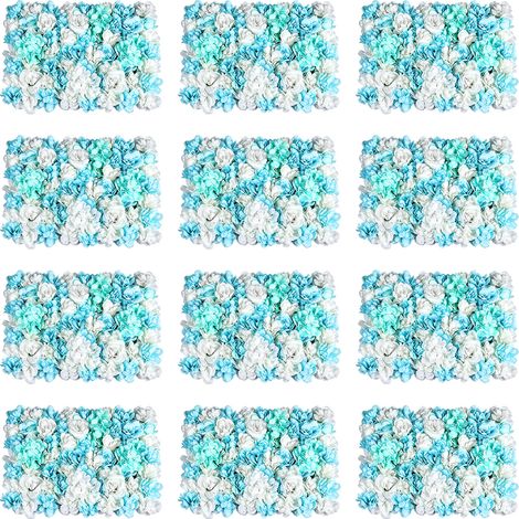 Lot de 12 panneaux muraux de fleurs artificielles, décoration murale florale, mur de fleurs artificiel, fond photo pour mariage, fête, cérémonie et événement - 60×40 cm, bleu‑blanc (1/5)