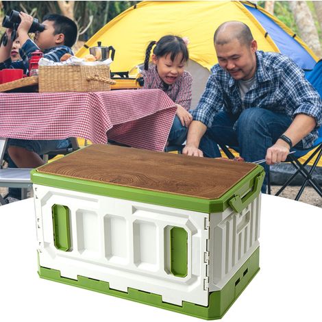 Stapelbare Campingkiste, großes Fassungsvermögen, 95 Liter, mit dreilagigem Deckel aus Holz und Kunststoff, grün und weiß. (1/4)