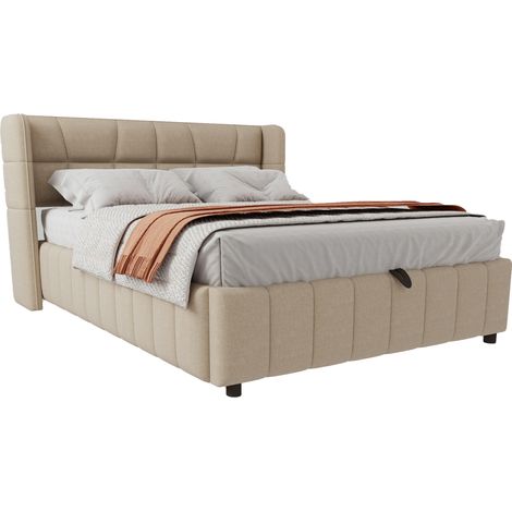 Doppelbett mit Bettkasten, Hebemechanismus und Metallrahmen, 140 x 200 cm, ohne Matratze, Beige (1/5)