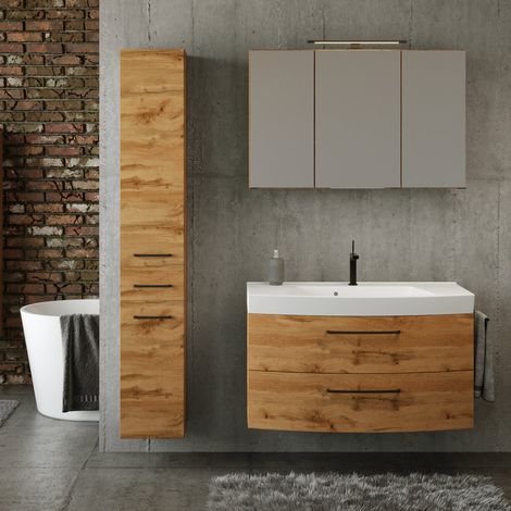 Badezimmer Set Industrial Style 100 cm Waschtisch und Hochschrank MORISSON-03 in Wotan Eiche Nb. inkl. Waschbecken, B/H/T: ca. 130/200/50 cm (1/5)
