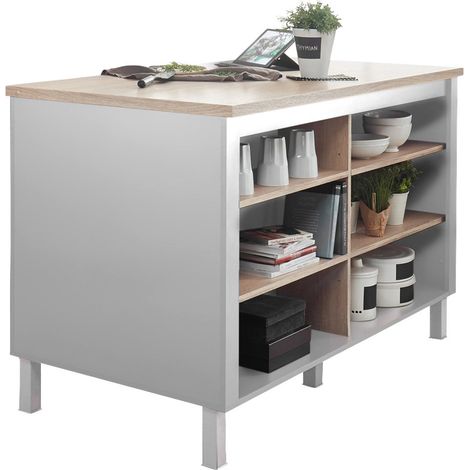 Pegane – Îlot de cuisine en MDF blanc – Longueur 138 cm x Hauteur 85 cm x Profondeur 75 cm – Plateau chêne sonoma 28mm – Pour espaces modernes (1/4)