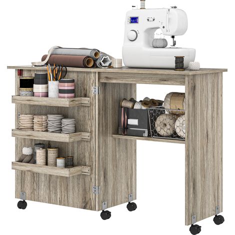 Klappbarer Nähtisch mit Ausziehplatte, Aufbewahrungsboxen, offenem Regal und Rollen, Holzgrau (1/5)