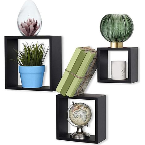 Set 3 Mensole da Parete Moderne Design Cubo Mensola Scaffale in Legno MDF Nero (1/5)