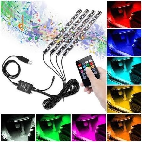Éclairage intérieur de voiture LED, éclairage de plancher à LED, RVB, éclairage ambiant, lumière d'ambiance intérieure de voiture avec port USB et télécommande (1/5)