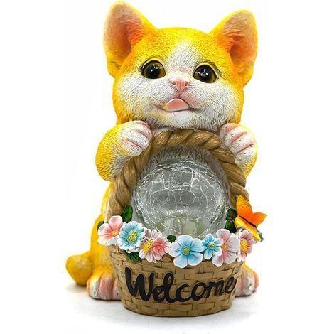 Statue de chat jaune solaire pour jardin – décoration avec panier de fleurs et boule en cristal – lumière chaude – pour balcon, jardin et salon