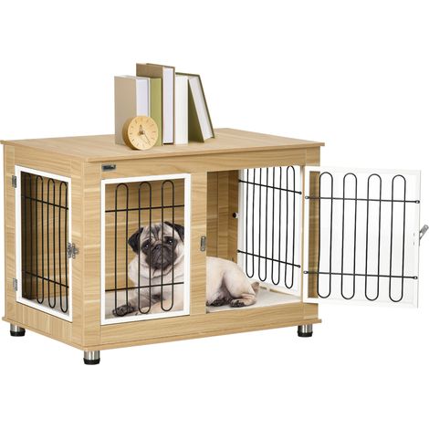 Cage en bois pour chiens avec 2 portes coussinées et pieds réglables, 90 x 58 x 65 cm, utilisée comme table de chevet ou table de chevet