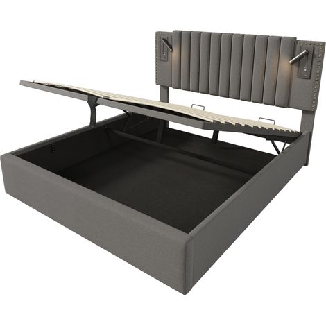 Letto matrimoniale 140x200 grigio in cotone con contenitore, luce lettura e USB (1/5)