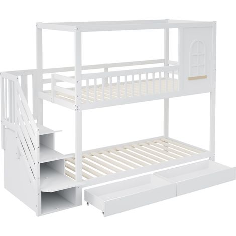 Lit superposé enfant 90200cm, lit double en bois massif, forme maison avec fenêtres, design avec garde-corps de sécurité, avec tiroirs de rangement et échelle de sécurité, blanc, ancienne SKU LDB00242 (1/5)