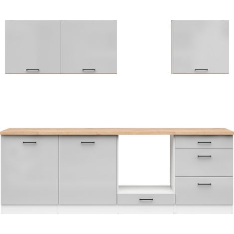 Cuisine complète 240 cm,Ensemble de meuble de cuisine coloris Blanc / Gris clair brillant , plan de travail coloris Chêne doré (1/5)