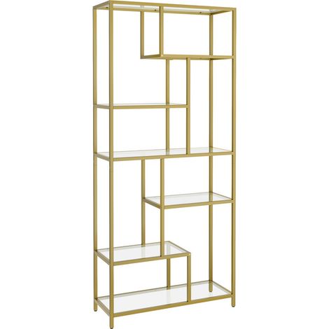 Vasagle – Bibliothèque étagère de rangement 6 niveaux – Verre trempé et acier – 30 x 80 x 180 cm – Capacité 40 kg – Doré métallique