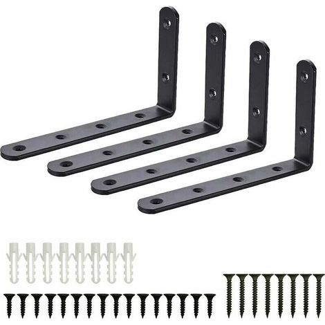 Équerres de Fixation, 4pcs Supports Angulaires Équerre Support Garage Mural en Acier Inoxydable Étagère, Equerre Murale Noir en Forme de L, DIY Industriel pour Meubles Décoration Connexion avec Vis (1/4)
