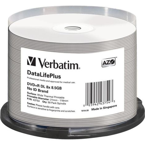 DVD+R DL Verbatim DataLife Plus 8,5 GB, impresión térmica de 8x de ancho (husillo 50) (1/3)