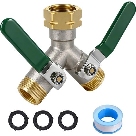 Ortviai Distributeur d'Eau 2 Voies en Y 3/4" - Raccord Tuyau d'Arrosage et Adaptateur Robinet Cuisine - Interrupteur Laiton avec Poignée Verte Métallique, 3 Joints et 1 Ruban Étanchéité