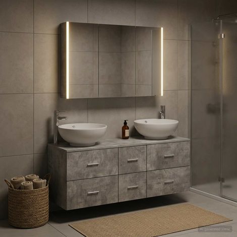 Ensemble meuble salle de bain 4 pièces gris béton avec miroir LED, lavabo, robinet, rangements muraux en bois d’ingénierie et verre (1/5)