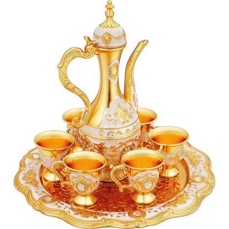 Set da tè turco, vassoio da portata da 7 pezzi, design elegante, oro (1/2)