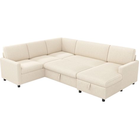 Sofá cama esquinero en U con chaise longue y almacenaje, tapizado en pana beige, 274 x 220 x 85 cm (1/5)