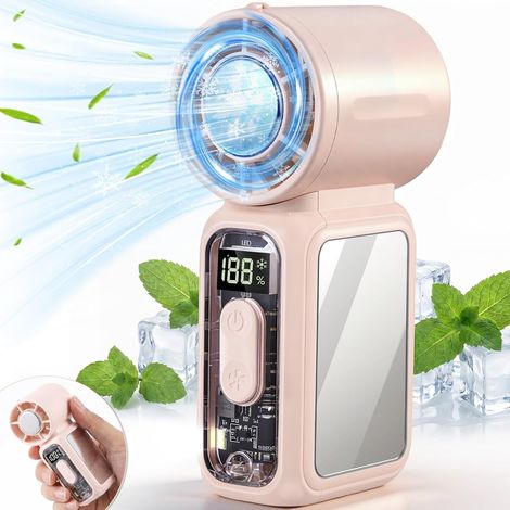 Mini ventilateur portable de poche, petit ventilateur avec poche de glace, rechargeable, format compact, idéal pour les voyages, les concerts, le camping et le maquillage, avec miroir intégré. (1/5)