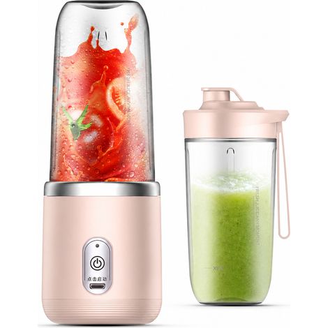 Blender Portable Rechargeable Rose, 6 Lames en Acier Inoxydable, 2 Gobelets et Couvercle, pour Smoothies et Glace (1/5)