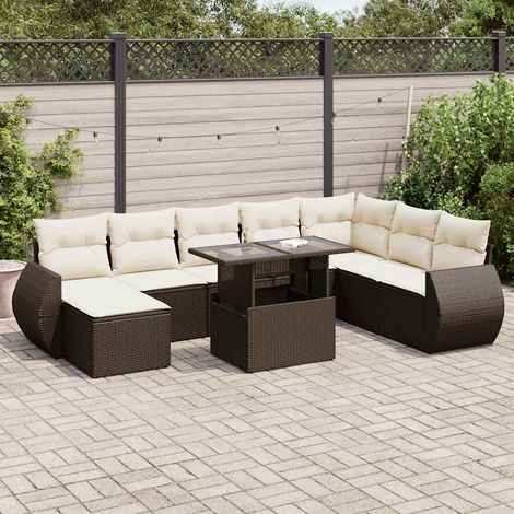 Salon de Jardin 9 Pièces en Résine Tressée Marron avec Coussins Blanc Crème, Table Réglable et Espace de Rangement (1/5)