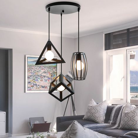 – Suspension industrielle rétro 3 têtes – Abat-jour métal noir 22x28cm – Longueur fil 100cm – Type d'ampoule E27 (1/4)