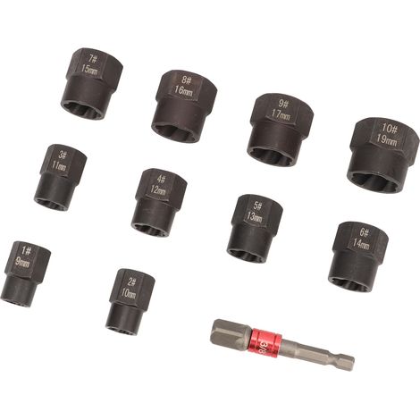 Kit de 11 extracteurs de boulons et écrous à impact avec douille extractrice 3/8" et adaptateur hexagonal pour retirer les vis endommagées et rouillées. (1/5)