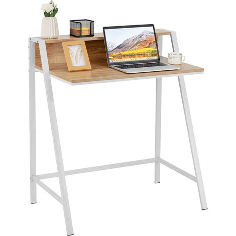 Bureau informatique compact 84 x 45 x 85 cm en métal et chêne, table de travail avec étagère et passe-câbles (1/5)