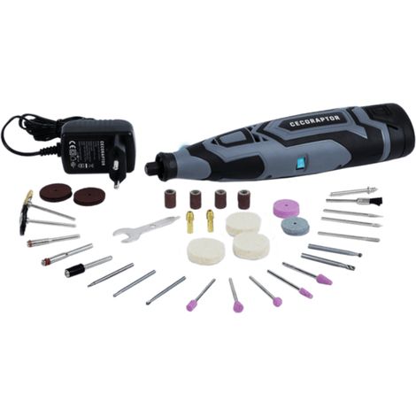 Multiutensile rotante di precisione con 12 V e 1.500 mAh, velocità a vuoto di 25.000 giri/min e un'autonomia fino a circa 60 minuti.