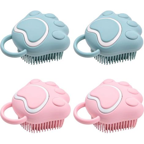 Hunde- und Katzenbadbürste, weicher Silikonkamm, Haustiermassage- und Reinigungsbürste, Shampoo-Spender zum Waschen und für eine wohltuende Massage (blau + rosa) (1/5)