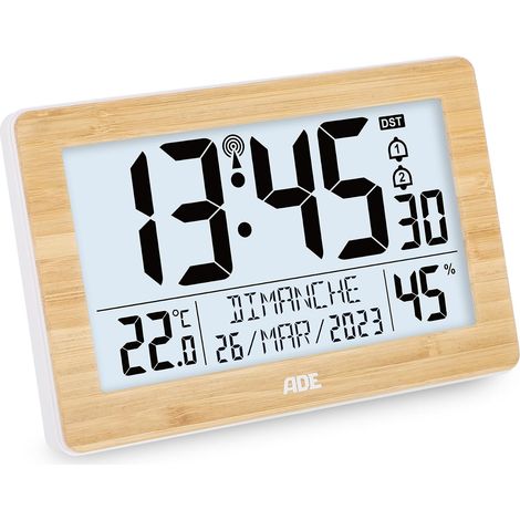 Radio pilotée  Horloge numérique Murale avec très Grands Chiffres  avec Calendrier, thermomètre intérieur et hygromètre  reveil Station Meteo  à Piles  Cadre étroit en Bambou (1/5)