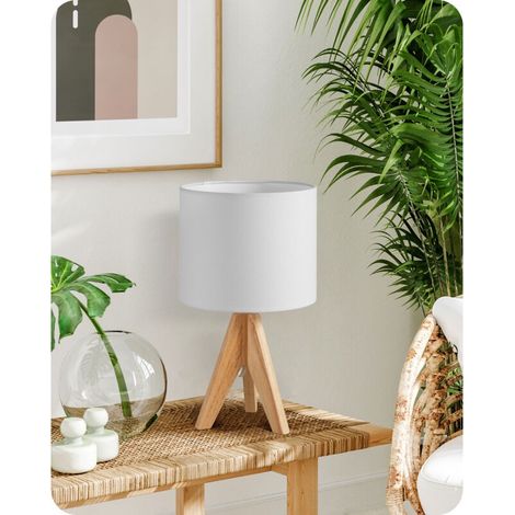 Lampe de Chevet en Bois, E27 Douille, Trépied Vintage, Ampoule non Incluse, 36 x 20 x 20 cm, Lampe de Table Moderne, Abat-jour en Lin Blanc (1/5)