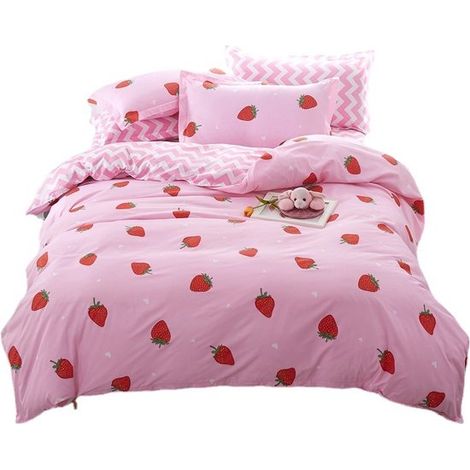 Parure de lit 4 pièces - Double face - Simple - Couleur - Polyester - dekbedovertrek 150 x 200 cm - Drap 200 x 230 cm - Taie d'oreiller 2 pièces 48 x 72 cm - Parure de lit - Motif petites fraises (1/5)